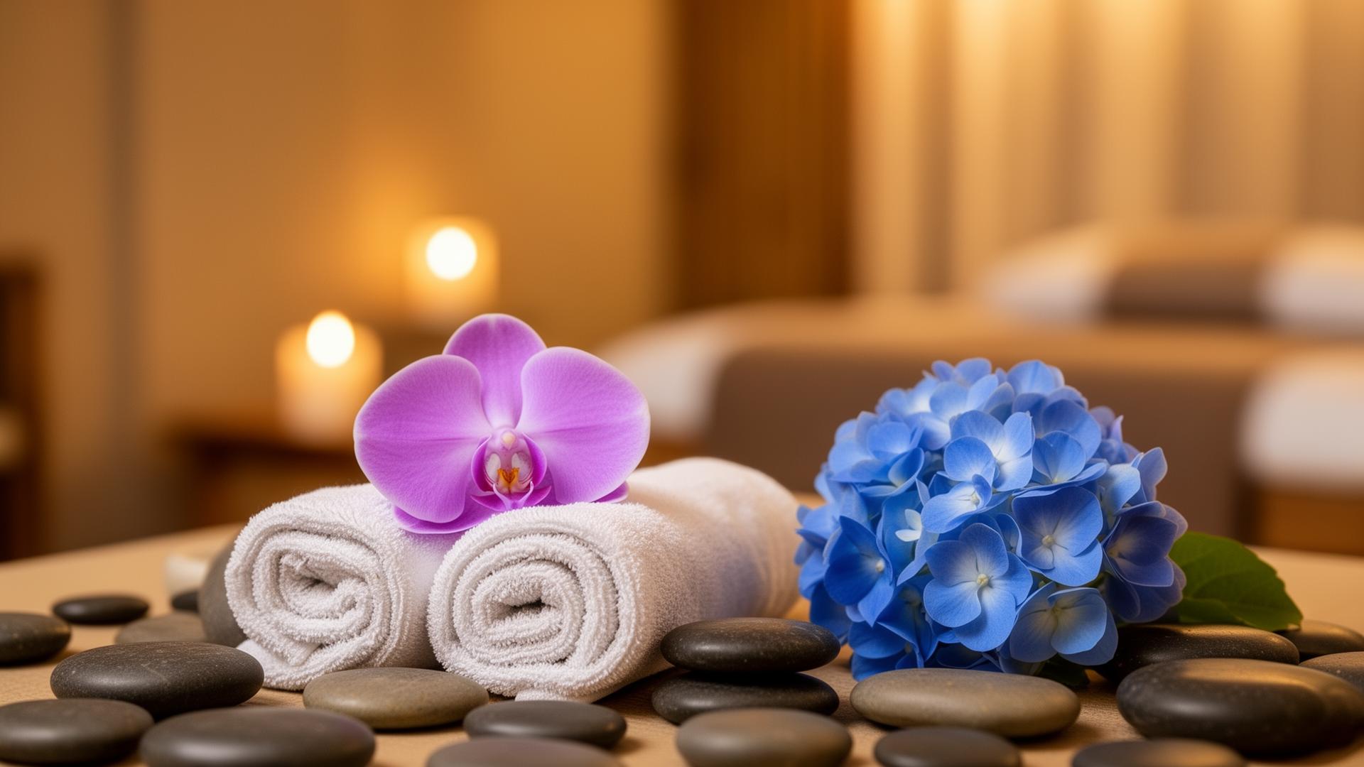 Calming spa scene with towels, stones, orchid and hydrangea