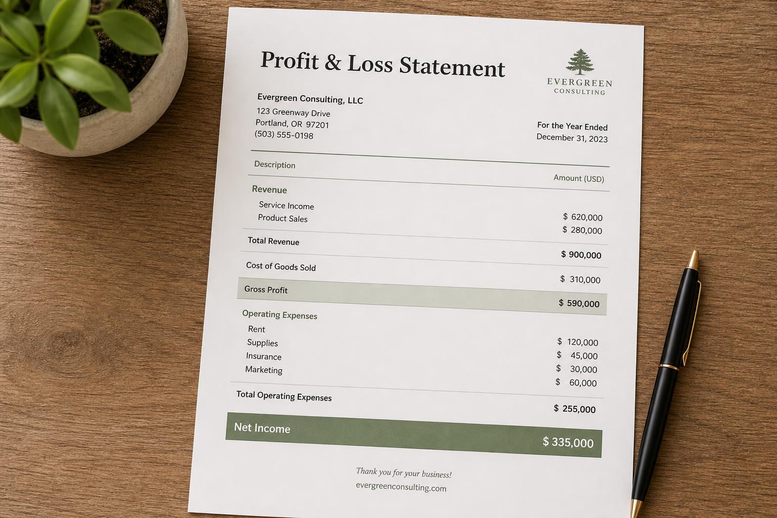 Example of a printed profit and loss statement on a wooden desk, showing revenue, cost of goods sold, gross profit, operating expenses, and net income.